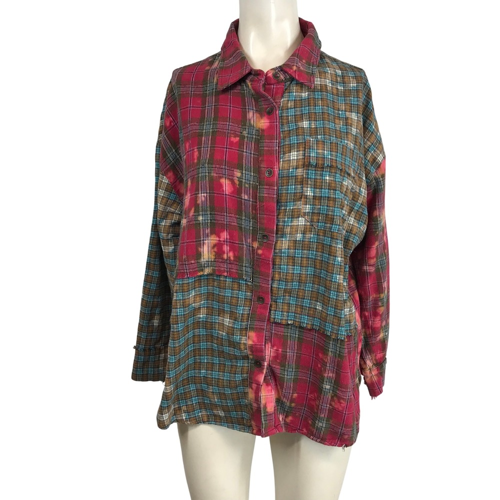 ODDY Women's Patchwork Bleached Plaid Flannel Shi… - image 1